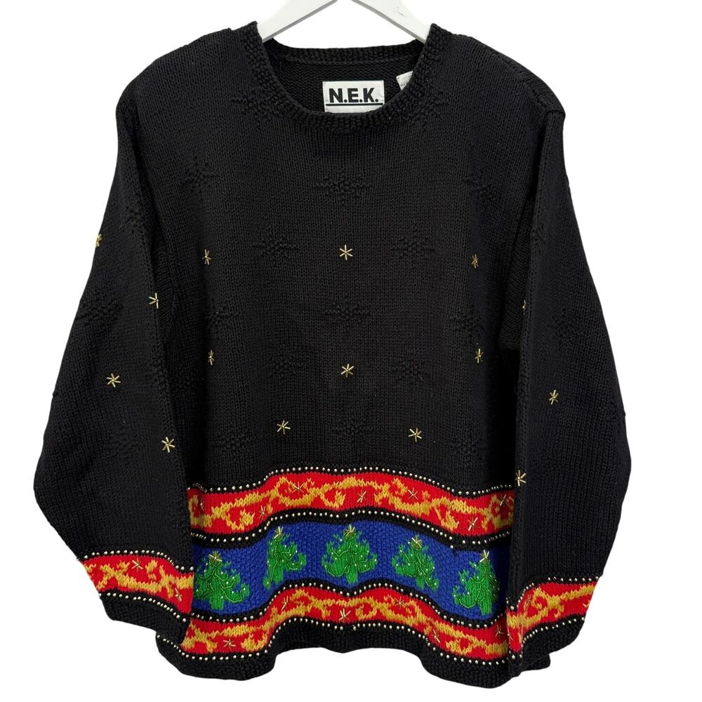 Vintage N.E.K. Christmas Sweater Size L Black Beaded Christmas Tree Knit Stars